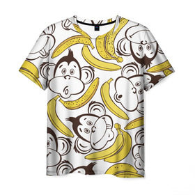 Мужская футболка 3D с принтом Обезьянки и бананы в Санкт-Петербурге, 100% полиэфир | прямой крой, круглый вырез горловины, длина до линии бедер | банан