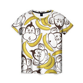 Женская футболка 3D с принтом Обезьянки и бананы в Санкт-Петербурге, 100% полиэфир ( синтетическое хлопкоподобное полотно) | прямой крой, круглый вырез горловины, длина до линии бедер | Тематика изображения на принте: банан