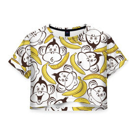 Женская футболка 3D укороченная с принтом Обезьянки и бананы в Санкт-Петербурге, 100% полиэстер | круглая горловина, длина футболки до линии талии, рукава с отворотами | банан