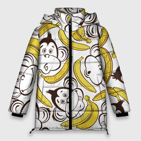 Женская зимняя куртка 3D с принтом Обезьянки и бананы в Санкт-Петербурге, верх — 100% полиэстер; подкладка — 100% полиэстер; утеплитель — 100% полиэстер | длина ниже бедра, силуэт Оверсайз. Есть воротник-стойка, отстегивающийся капюшон и ветрозащитная планка. 

Боковые карманы с листочкой на кнопках и внутренний карман на молнии | банан