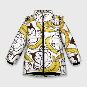 Зимняя куртка для девочек 3D с принтом Обезьянки и бананы в Санкт-Петербурге, ткань верха — 100% полиэстер; подклад — 100% полиэстер, утеплитель — 100% полиэстер. | длина ниже бедра, удлиненная спинка, воротник стойка и отстегивающийся капюшон. Есть боковые карманы с листочкой на кнопках, утяжки по низу изделия и внутренний карман на молнии. 

Предусмотрены светоотражающий принт на спинке, радужный светоотражающий элемент на пуллере молнии и на резинке для утяжки. | банан