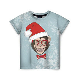 Детская футболка 3D с принтом Обезьяна в бабочке в Санкт-Петербурге, 100% гипоаллергенный полиэфир | прямой крой, круглый вырез горловины, длина до линии бедер, чуть спущенное плечо, ткань немного тянется | Тематика изображения на принте: мартышка | новогодний | санта | шапка | шимпанзе