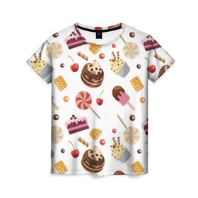 Женская футболка 3D с принтом Sweet time в Санкт-Петербурге, 100% полиэфир ( синтетическое хлопкоподобное полотно) | прямой крой, круглый вырез горловины, длина до линии бедер | candy | капкейп | милый | мороженое | пирожное | торт