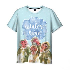 Мужская футболка 3D с принтом Зимняя пора в Санкт-Петербурге, 100% полиэфир | прямой крой, круглый вырез горловины, длина до линии бедер | winter | год | зима | мартышка | новогодний | новый | обезьяна | обезьянка | подарок | с новым годом | снег