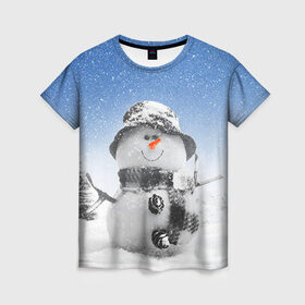 Женская футболка 3D с принтом Снеговик в Санкт-Петербурге, 100% полиэфир ( синтетическое хлопкоподобное полотно) | прямой крой, круглый вырез горловины, длина до линии бедер | 2016 | winter | год | зима | мартышка | новогодний | новый | обезьяна | обезьянка | подарок | с новым годом | снег | снеговик