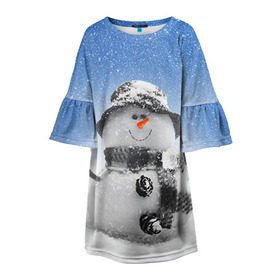 Детское платье 3D с принтом Снеговик в Санкт-Петербурге, 100% полиэстер | прямой силуэт, чуть расширенный к низу. Круглая горловина, на рукавах — воланы | 2016 | winter | год | зима | мартышка | новогодний | новый | обезьяна | обезьянка | подарок | с новым годом | снег | снеговик