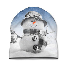 Шапка 3D с принтом Снеговик в Санкт-Петербурге, 100% полиэстер | универсальный размер, печать по всей поверхности изделия | Тематика изображения на принте: 2016 | winter | год | зима | мартышка | новогодний | новый | обезьяна | обезьянка | подарок | с новым годом | снег | снеговик