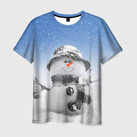 Мужская футболка 3D с принтом Снеговик в Санкт-Петербурге, 100% полиэфир | прямой крой, круглый вырез горловины, длина до линии бедер | 2016 | winter | год | зима | мартышка | новогодний | новый | обезьяна | обезьянка | подарок | с новым годом | снег | снеговик