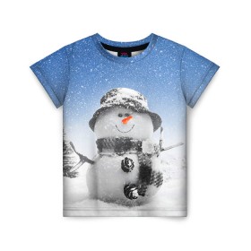 Детская футболка 3D с принтом Снеговик в Санкт-Петербурге, 100% гипоаллергенный полиэфир | прямой крой, круглый вырез горловины, длина до линии бедер, чуть спущенное плечо, ткань немного тянется | Тематика изображения на принте: 2016 | winter | год | зима | мартышка | новогодний | новый | обезьяна | обезьянка | подарок | с новым годом | снег | снеговик