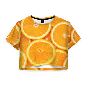 Женская футболка 3D укороченная с принтом Апельсинчик в Санкт-Петербурге, 100% полиэстер | круглая горловина, длина футболки до линии талии, рукава с отворотами | orange | апельсин | фрукты