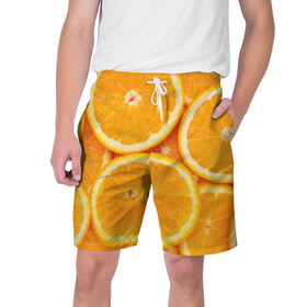Мужские шорты 3D с принтом Апельсинчик в Санкт-Петербурге,  полиэстер 100% | прямой крой, два кармана без застежек по бокам. Мягкая трикотажная резинка на поясе, внутри которой широкие завязки. Длина чуть выше колен | orange | апельсин | фрукты