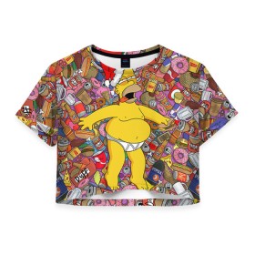 Женская футболка 3D укороченная с принтом Обжора Гомер в Санкт-Петербурге, 100% полиэстер | круглая горловина, длина футболки до линии талии, рукава с отворотами | гомер