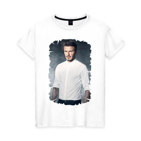 Женская футболка хлопок с принтом David Beckham в Санкт-Петербурге, 100% хлопок | прямой крой, круглый вырез горловины, длина до линии бедер, слегка спущенное плечо | david beckham | англия | дэвид бекхэм | лига чемпионов | мадрид | мю | реал | футбол
