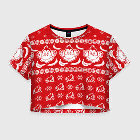 Женская футболка 3D укороченная с принтом Свитер обезьянки в Санкт-Петербурге, 100% полиэстер | круглая горловина, длина футболки до линии талии, рукава с отворотами | банан