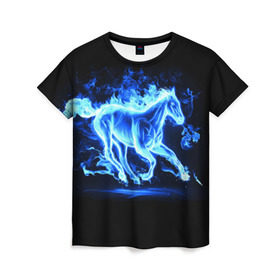 Женская футболка 3D с принтом Ледяной конь в Санкт-Петербурге, 100% полиэфир ( синтетическое хлопкоподобное полотно) | прямой крой, круглый вырез горловины, длина до линии бедер | арт | лёд | лошадь | огонь | пламя