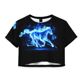Женская футболка 3D укороченная с принтом Ледяной конь в Санкт-Петербурге, 100% полиэстер | круглая горловина, длина футболки до линии талии, рукава с отворотами | арт | лёд | лошадь | огонь | пламя