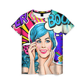 Женская футболка 3D с принтом Pop art в Санкт-Петербурге, 100% полиэфир ( синтетическое хлопкоподобное полотно) | прямой крой, круглый вырез горловины, длина до линии бедер | bang | boom | omg | pop art | super | wow | wtf | арт | поп | ретро | уорхол | энди