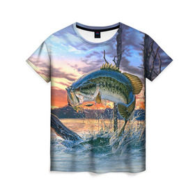 Женская футболка 3D с принтом Рыба в Санкт-Петербурге, 100% полиэфир ( синтетическое хлопкоподобное полотно) | прямой крой, круглый вырез горловины, длина до линии бедер | fishing | рыба | рыбак | рыбалка | туризм