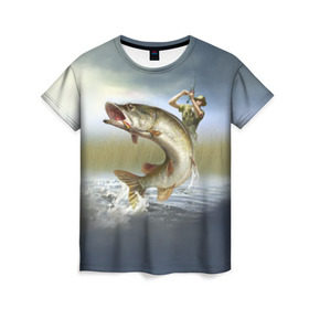 Женская футболка 3D с принтом Щука в Санкт-Петербурге, 100% полиэфир ( синтетическое хлопкоподобное полотно) | прямой крой, круглый вырез горловины, длина до линии бедер | fishing | рыба | рыбак | рыбалка | туризм | щука