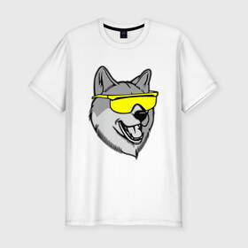 Мужская футболка премиум с принтом Хаски в очках в Санкт-Петербурге, 92% хлопок, 8% лайкра | приталенный силуэт, круглый вырез ворота, длина до линии бедра, короткий рукав | голова | животные | очки | пес | собака | хаски