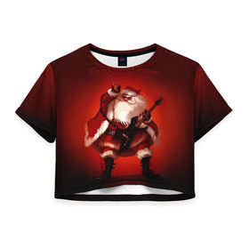 Женская футболка 3D укороченная с принтом Дед мороз рокер в Санкт-Петербурге, 100% полиэстер | круглая горловина, длина футболки до линии талии, рукава с отворотами | heavy metal | rock | santa claus | дед мороз | рок | с новым годом | санта | санта клаус