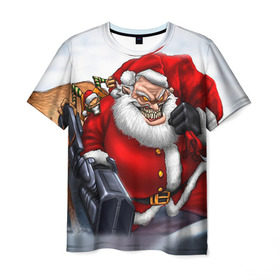 Мужская футболка 3D с принтом Дед мороз рокер в Санкт-Петербурге, 100% полиэфир | прямой крой, круглый вырез горловины, длина до линии бедер | Тематика изображения на принте: heavy metal | rock | santa claus | дед мороз | рок | с новым годом | санта | санта клаус