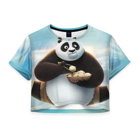 Женская футболка 3D укороченная с принтом Кунг фу панда в Санкт-Петербурге, 100% полиэстер | круглая горловина, длина футболки до линии талии, рукава с отворотами | панда