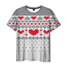 Мужская футболка 3D с принтом Сердечки в Санкт-Петербурге, 100% полиэфир | прямой крой, круглый вырез горловины, длина до линии бедер | вязанье | любовь | свитр | сердечки