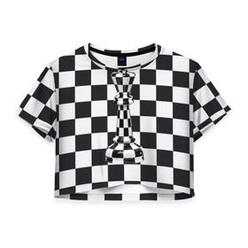 Женская футболка 3D укороченная с принтом Ферзь в Санкт-Петербурге, 100% полиэстер | круглая горловина, длина футболки до линии талии, рукава с отворотами | клетки | ферзь | шахматная доска | шахматы