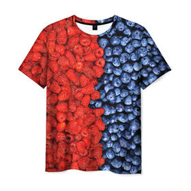 Мужская футболка 3D с принтом Ягодка в Санкт-Петербурге, 100% полиэфир | прямой крой, круглый вырез горловины, длина до линии бедер | Тематика изображения на принте: клубника | малина | черника | ягода | ягодка | ягодный