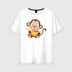 Женская футболка хлопок Oversize с принтом Обезьянка с бананом в Санкт-Петербурге, 100% хлопок | свободный крой, круглый ворот, спущенный рукав, длина до линии бедер
 | 2016 | год | зима | мартышка | новогодний | новый | обезьяна | обезьянка | подарок | с новым годом