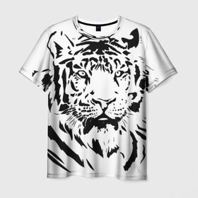 Мужская футболка 3D с принтом Тигр в Санкт-Петербурге, 100% полиэфир | прямой крой, круглый вырез горловины, длина до линии бедер | взгляд | тигр | трафарет | хищник