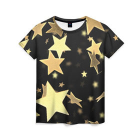 Женская футболка 3D с принтом Золотые звезды в Санкт-Петербурге, 100% полиэфир ( синтетическое хлопкоподобное полотно) | прямой крой, круглый вырез горловины, длина до линии бедер | золотые звезды | орнамент | праздник