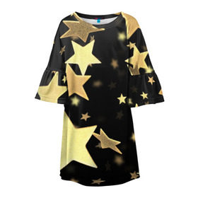 Детское платье 3D с принтом Золотые звезды в Санкт-Петербурге, 100% полиэстер | прямой силуэт, чуть расширенный к низу. Круглая горловина, на рукавах — воланы | Тематика изображения на принте: золотые звезды | орнамент | праздник