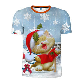 Мужская футболка 3D спортивная с принтом Новогодний котёнок в Санкт-Петербурге, 100% полиэстер с улучшенными характеристиками | приталенный силуэт, круглая горловина, широкие плечи, сужается к линии бедра | 2016 | christmas | ёлка | котёнок | новый год
