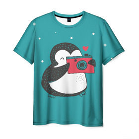 Мужская футболка 3D с принтом Пингвин с фотоаппаратом в Санкт-Петербурге, 100% полиэфир | прямой крой, круглый вырез горловины, длина до линии бедер | 14 февраля | влюбленные | девушка | день святого валентина | любовь | пара | парень