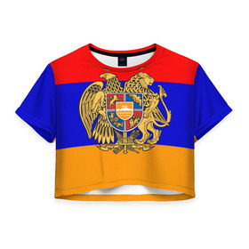 Женская футболка 3D укороченная с принтом Герб и флаг Армении в Санкт-Петербурге, 100% полиэстер | круглая горловина, длина футболки до линии талии, рукава с отворотами | armenia | армения | герб | флаг