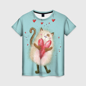 Женская футболка 3D с принтом Котик в Санкт-Петербурге, 100% полиэфир ( синтетическое хлопкоподобное полотно) | прямой крой, круглый вырез горловины, длина до линии бедер | 14 февраля | bear | love | teddy | валентин | влюбленный | киска | кот | котик | любовь | милый | рисунок | сердечко | сердце