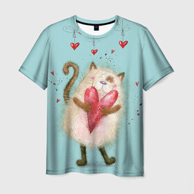 Мужская футболка 3D с принтом Котик в Санкт-Петербурге, 100% полиэфир | прямой крой, круглый вырез горловины, длина до линии бедер | Тематика изображения на принте: 14 февраля | bear | love | teddy | валентин | влюбленный | киска | кот | котик | любовь | милый | рисунок | сердечко | сердце