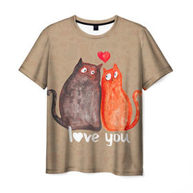 Мужская футболка 3D с принтом Влюбленные котики в Санкт-Петербурге, 100% полиэфир | прямой крой, круглый вырез горловины, длина до линии бедер | Тематика изображения на принте: 14 февраля | bear | love | teddy | валентин | влюбленный | киска | кот | котик | любовь | милый | рисунок | сердечко | сердце