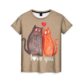 Женская футболка 3D с принтом Влюбленные котики в Санкт-Петербурге, 100% полиэфир ( синтетическое хлопкоподобное полотно) | прямой крой, круглый вырез горловины, длина до линии бедер | 14 февраля | bear | love | teddy | валентин | влюбленный | киска | кот | котик | любовь | милый | рисунок | сердечко | сердце