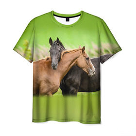 Мужская футболка 3D с принтом Лошади 2 в Санкт-Петербурге, 100% полиэфир | прямой крой, круглый вырез горловины, длина до линии бедер | horse | horseshoe | акварель | головалошади | грива | единорог | жеребец | животные | конь | лошадь | лошадьскрыльями | подкова | природа | рисуноккрасками