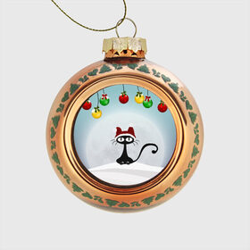 Стеклянный ёлочный шар с принтом Кошка с шапкой в Санкт-Петербурге, Стекло | Диаметр: 80 мм | black | cat | toy | елочный шар | кот | кошка | черный | шар