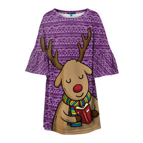 Детское платье 3D с принтом Счастливый олень в Санкт-Петербурге, 100% полиэстер | прямой силуэт, чуть расширенный к низу. Круглая горловина, на рукавах — воланы | зима | новый год | олень | подарки