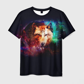 Мужская футболка 3D с принтом Космический волк в Санкт-Петербурге, 100% полиэфир | прямой крой, круглый вырез горловины, длина до линии бедер | звезды | космический волк | креатив | хищник
