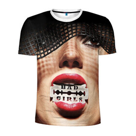 Мужская футболка 3D спортивная с принтом Bad girls в Санкт-Петербурге, 100% полиэстер с улучшенными характеристиками | приталенный силуэт, круглая горловина, широкие плечи, сужается к линии бедра | Тематика изображения на принте: bad girls | бритва | губы | лезвие | р