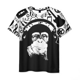 Мужская футболка 3D с принтом Шимпанзе в наушниках в Санкт-Петербурге, 100% полиэфир | прямой крой, круглый вырез горловины, длина до линии бедер | Тематика изображения на принте: джаз | музыка | обезьяна | рок | шимпанзе в наущниках