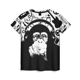 Женская футболка 3D с принтом Шимпанзе в наушниках в Санкт-Петербурге, 100% полиэфир ( синтетическое хлопкоподобное полотно) | прямой крой, круглый вырез горловины, длина до линии бедер | джаз | музыка | обезьяна | рок | шимпанзе в наущниках