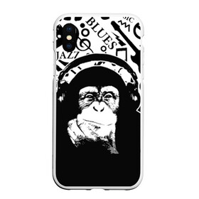 Чехол для iPhone XS Max матовый с принтом Шимпанзе в наушниках в Санкт-Петербурге, Силикон | Область печати: задняя сторона чехла, без боковых панелей | джаз | музыка | обезьяна | рок | шимпанзе в наущниках