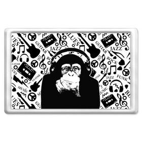 Магнит 45*70 с принтом Шимпанзе в наушниках в Санкт-Петербурге, Пластик | Размер: 78*52 мм; Размер печати: 70*45 | джаз | музыка | обезьяна | рок | шимпанзе в наущниках